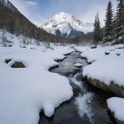 A pristine snow-covered mountain with snow gradually melting, trickling down into a serene stream below.