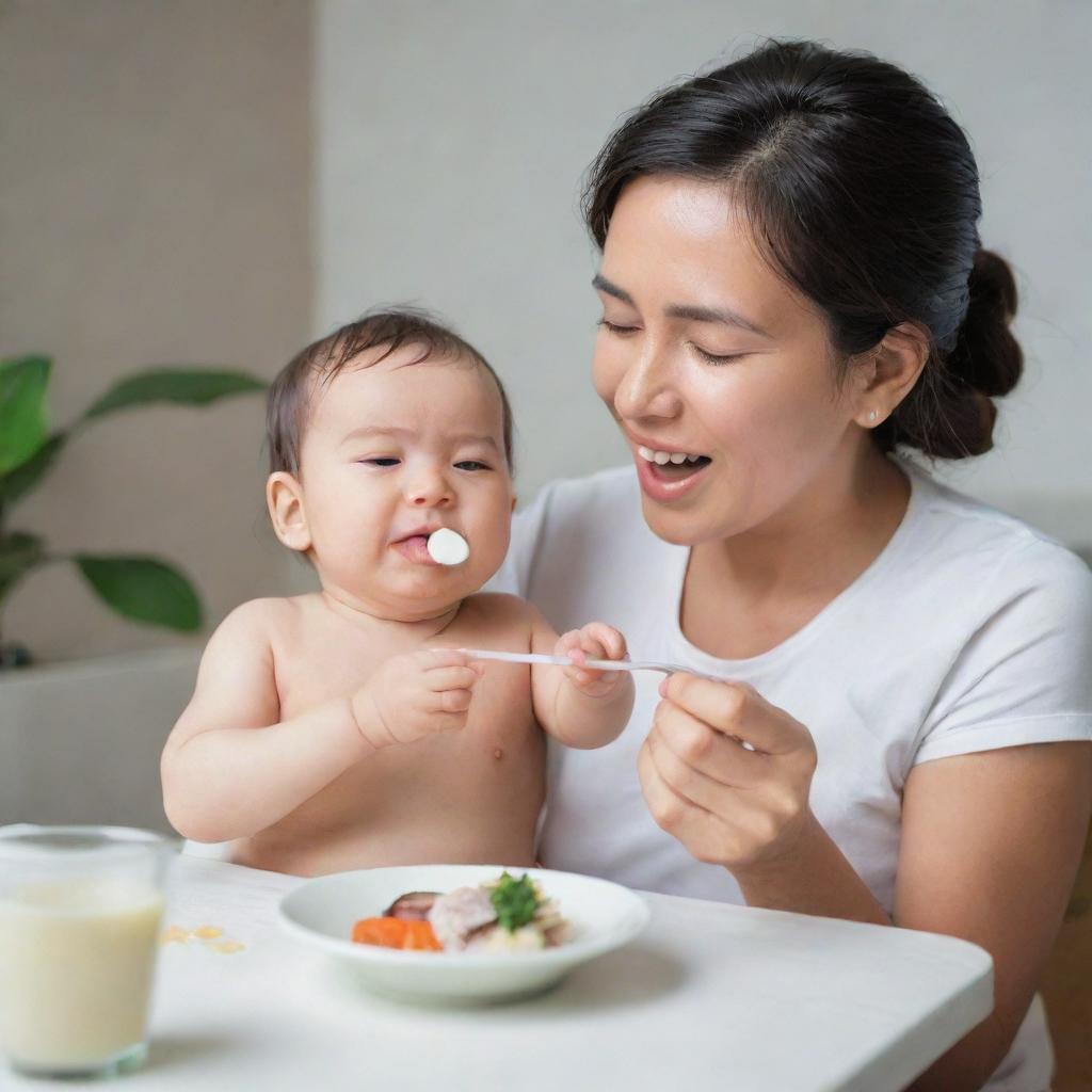 A caring mother feeding her infant with food rich in iodine, such as fish and dairy products. The image emphasizes the iodine and its importance in their diet.