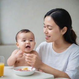 A caring mother feeding her infant with food rich in iodine, such as fish and dairy products. The image emphasizes the iodine and its importance in their diet.