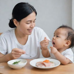 A caring mother feeding her infant with food rich in iodine, such as fish and dairy products. The image emphasizes the iodine and its importance in their diet.