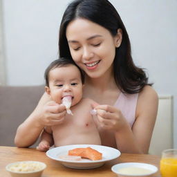 A caring mother feeding her infant with food rich in iodine, such as fish and dairy products. The image emphasizes the iodine and its importance in their diet.