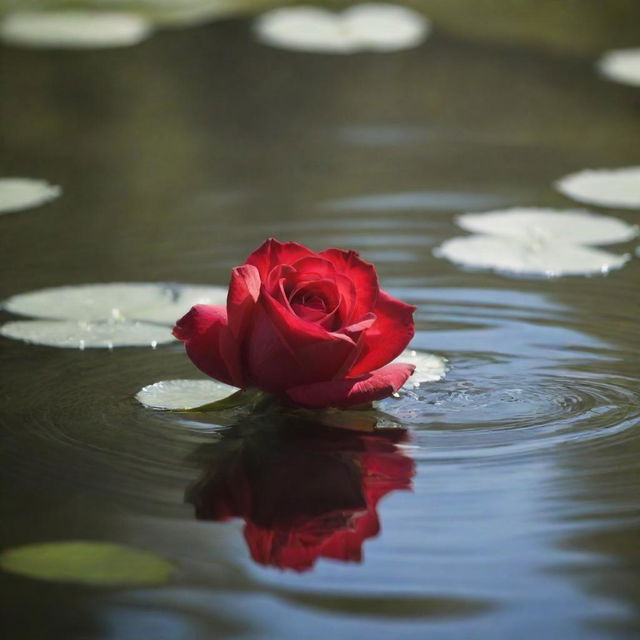 A delicate red rose elegantly floating on the serene waters of a river under the soft, radiant sunlight.