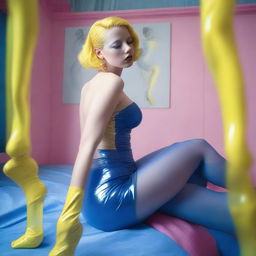 An ultrarealistic professional photograph, taken with a Nikon camera, captures a woman in blue transparent latex stockings and a transparent dress