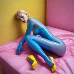 An ultrarealistic professional photograph, taken with a Nikon camera, captures a woman in blue transparent latex stockings and a transparent dress