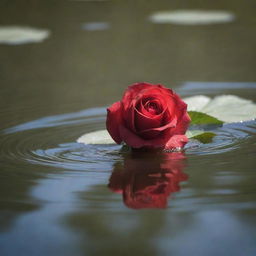 A delicate red rose elegantly floating on the serene waters of a river under the soft, radiant sunlight.