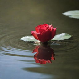 A delicate red rose elegantly floating on the serene waters of a river under the soft, radiant sunlight.