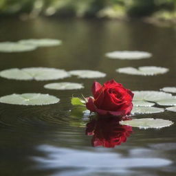 A delicate red rose elegantly floating on the serene waters of a river under the soft, radiant sunlight.