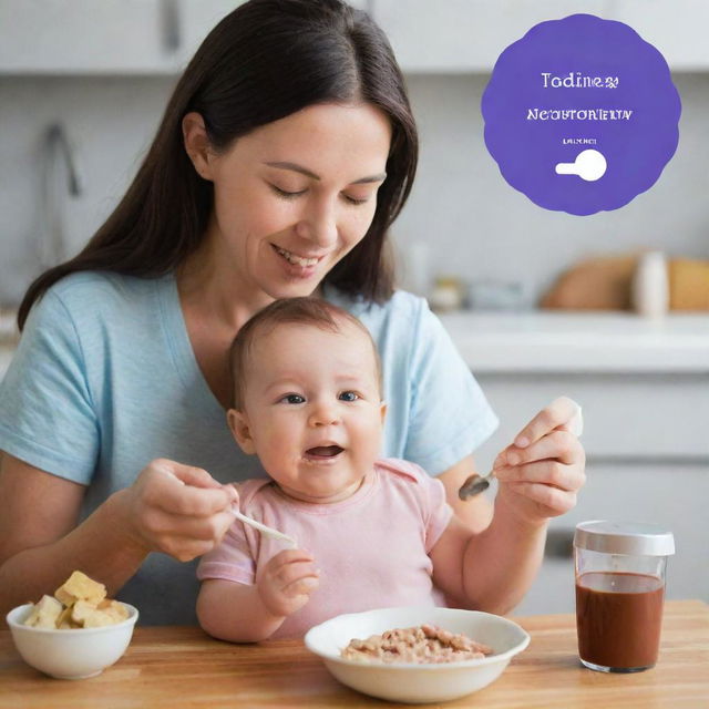 An informative image showing a mother and her infant consuming iodine-rich food, with overlaying graphics to indicate the specific iodine values in each food item they're eating.