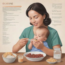 An educational illustration of a mother and her infant eating iodine-rich food, with labels and charts in English, detailing the specific iodine values of each food they're consuming.