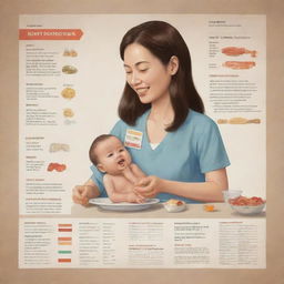 An educational illustration of a mother and her infant eating iodine-rich food, with labels and charts in English, detailing the specific iodine values of each food they're consuming.