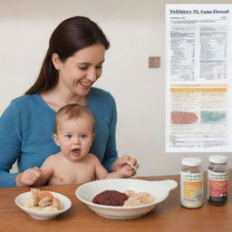 An educational illustration of a mother and her infant eating iodine-rich food, with labels and charts in English, detailing the specific iodine values of each food they're consuming.