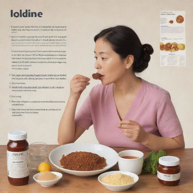 An educational illustration of a mother and her infant eating iodine-rich food, with labels and charts in English, detailing the specific iodine values of each food they're consuming.