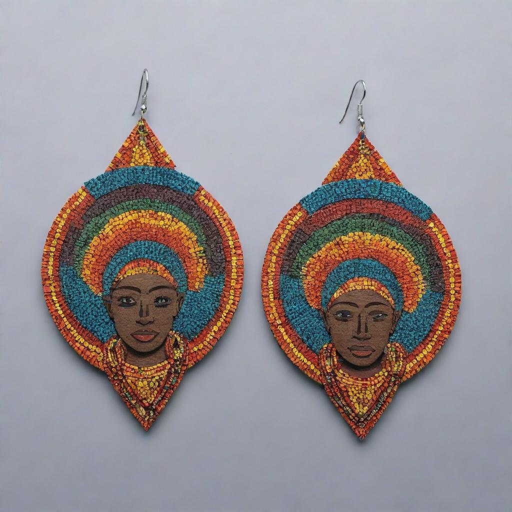 Create vibrant and culturally rich images of African earrings made from paper, exhibiting an array of diverse designs, vivid colors, and various materials. Ensure the images are of high-resolution suitable for printing.