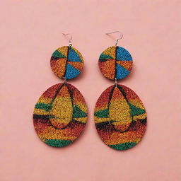 Create vibrant and culturally rich images of African earrings made from paper, exhibiting an array of diverse designs, vivid colors, and various materials. Ensure the images are of high-resolution suitable for printing.