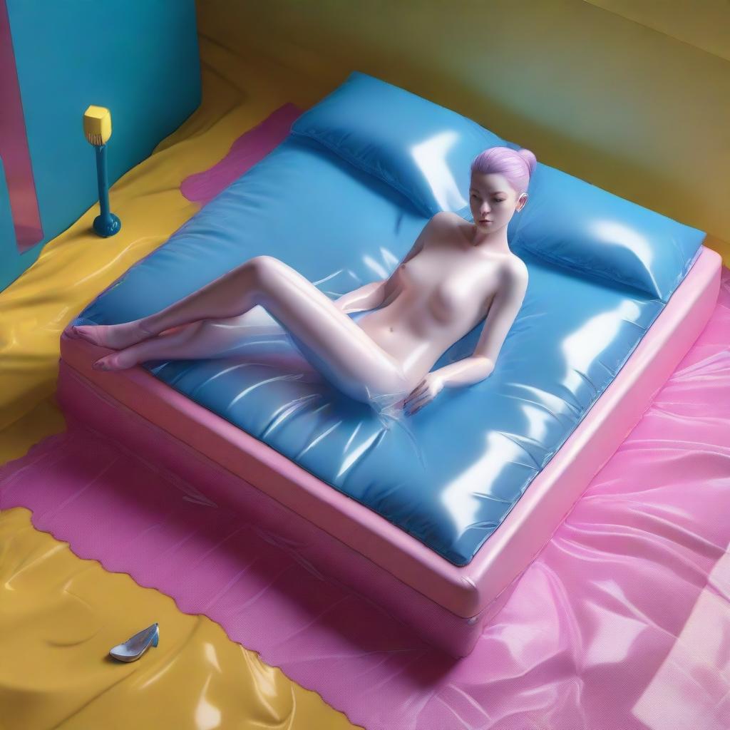 A 3D isometric game-style rendering depicts a bird's eye view of a woman in blue transparent latex stockings and a transparent dress