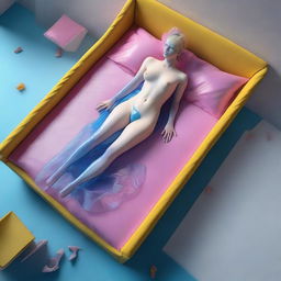 A 3D isometric game-style rendering depicts a bird's eye view of a woman in blue transparent latex stockings and a transparent dress