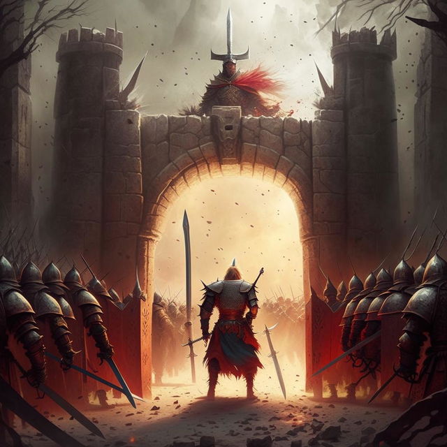 A valiant swordsman at an ancient gate, bravely defending against an encroaching horde.