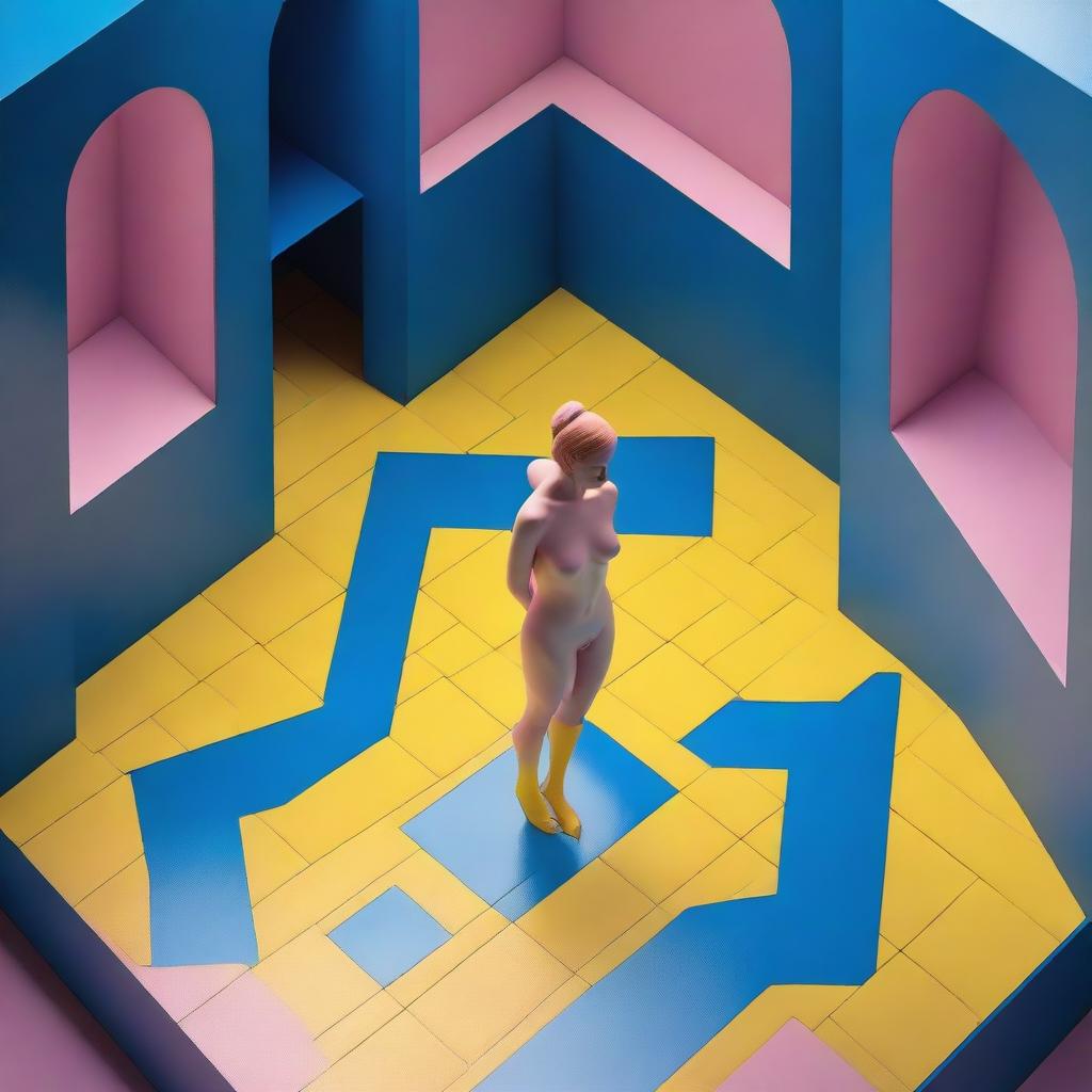 A 3D isometric game-style image, reminiscent of a bird's eye view, features a woman in a state of ecstasy