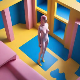 A 3D isometric game-style image, reminiscent of a bird's eye view, features a woman in a state of ecstasy