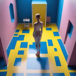 A 3D isometric game-style image, reminiscent of a bird's eye view, features a woman in a state of ecstasy