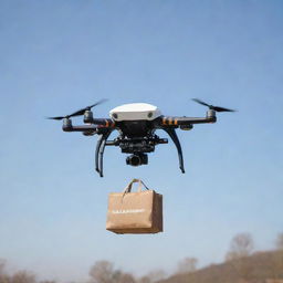 A highly detailed, realistic drone hovering in mid-air with a bag clearly labeled with the word 'Kailasham' attached.