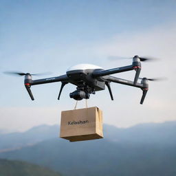 A highly detailed, realistic drone hovering in mid-air with a bag clearly labeled with the word 'Kailasham' attached.