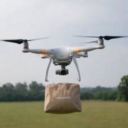 A highly detailed, realistic drone hovering in mid-air with a bag clearly labeled with the word 'Kailasham' attached.