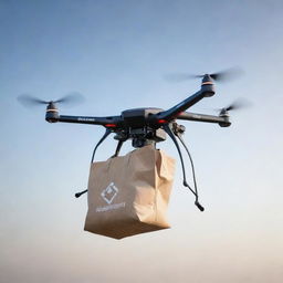 A highly detailed, realistic drone hovering in mid-air with a bag clearly labeled with the word 'Kailasham' attached.