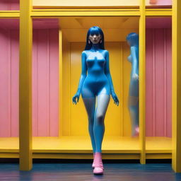 A daring 3D isometric game-style rendering, which captures a woman in blue transparent latex stockings and a transparent dress, in a fully nude look