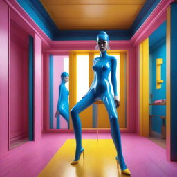 A daring 3D isometric game-style rendering, which captures a woman in blue transparent latex stockings and a transparent dress, in a fully nude look