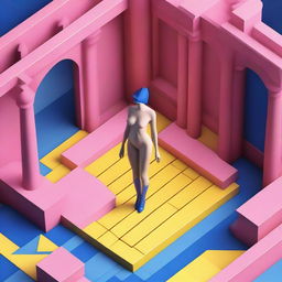 An image rendered in a 3D isometric game style, presenting a bird's eye view of a nude woman