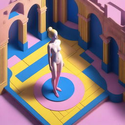 An image rendered in a 3D isometric game style, presenting a bird's eye view of a nude woman