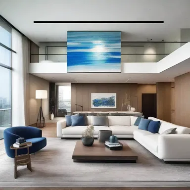 The blue-chip art collection displayed in the contemporary penthouse adds a touch of luxury and value to the overall design.
