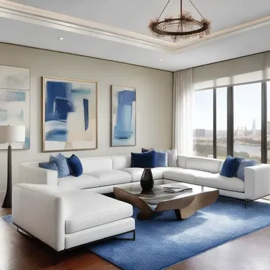 The blue-chip art collection displayed in the contemporary penthouse adds a touch of luxury and value to the overall design.