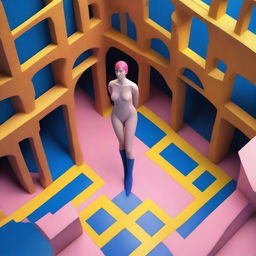 This 3D isometric game-style rendering presents a bird's eye view of a nude woman