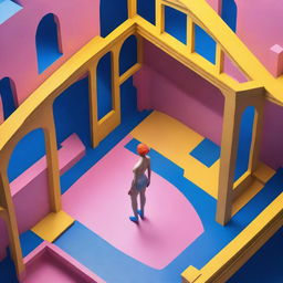 This 3D isometric game-style rendering presents a bird's eye view of a nude woman