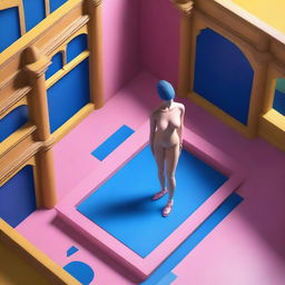 This 3D isometric game-style rendering presents a bird's eye view of a nude woman