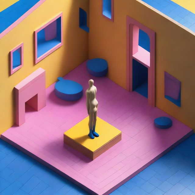 This 3D isometric game-style rendering presents a bird's eye view of a nude woman