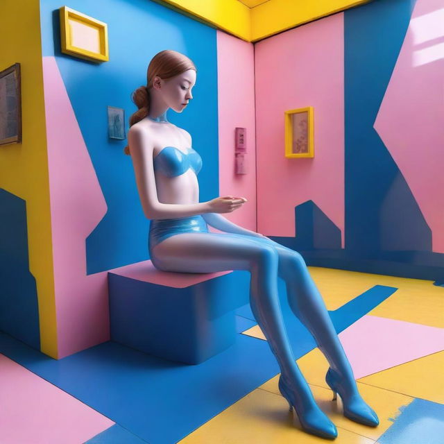 A 3D isometric game-style rendering of a fully nude woman in blue transparent latex stockings and a transparent dress