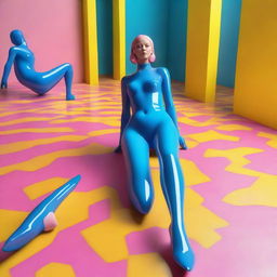 A 3D isometric game-style rendering of a fully nude woman in blue transparent latex stockings and a transparent dress