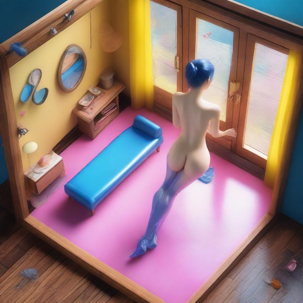 A highly detailed, ultrarealistic 3D isometric game-style image, seen from a bird's eye view, showcases a nude woman