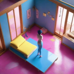 A highly detailed, ultrarealistic 3D isometric game-style image, seen from a bird's eye view, showcases a nude woman