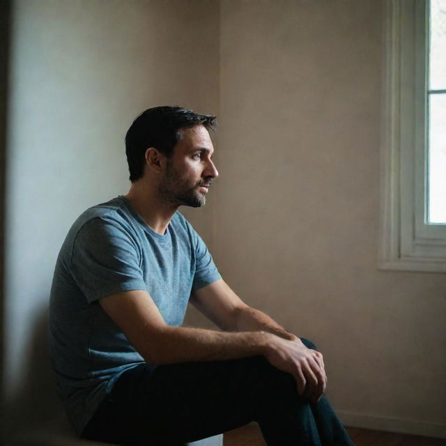 A pensive man sitting alone in his room, expressing a melancholic emotion, deep in thought about his future.