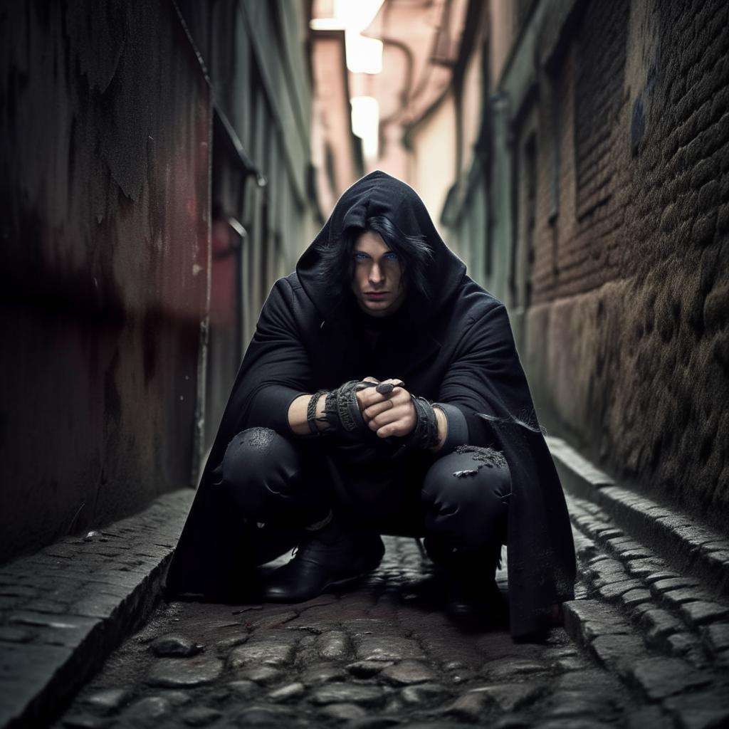 Stealthy Russian thief with black hair, blue eyes, in a torn black cloak, crouched in an alleyway, throwing knives in wrist sheathes, brick walls, cobblestone ground.