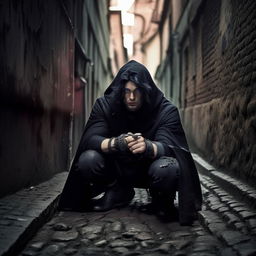 Stealthy Russian thief with black hair, blue eyes, in a torn black cloak, crouched in an alleyway, throwing knives in wrist sheathes, brick walls, cobblestone ground.