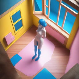 A highly detailed, ultrarealistic 3D isometric game-style image, seen from a bird's eye view, showcases a nude woman