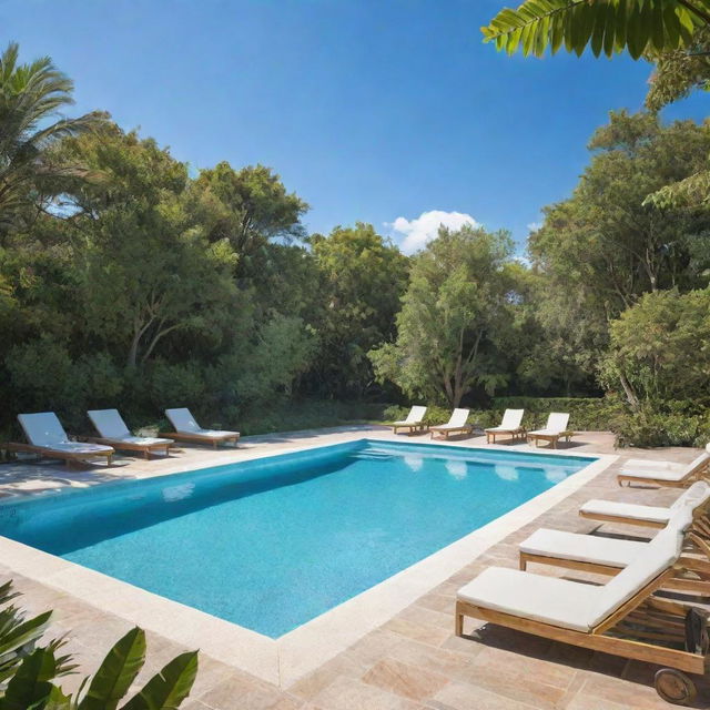 An animated picture of a crystal clear swimming pool surrounded by lush vegetation and deck chairs under a sunny blue sky