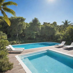 An animated picture of a crystal clear swimming pool surrounded by lush vegetation and deck chairs under a sunny blue sky