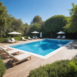 An animated picture of a crystal clear swimming pool surrounded by lush vegetation and deck chairs under a sunny blue sky