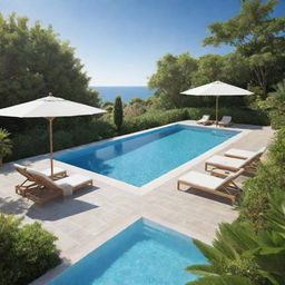 An animated picture of a crystal clear swimming pool surrounded by lush vegetation and deck chairs under a sunny blue sky